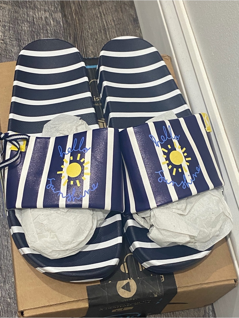 Joules Navy & White Striped Slide Sandals with Yellow Sun Motif
